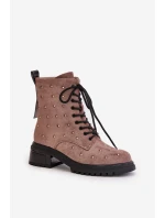Zdobione Botki Workery Damskie Ocieplane D&A MR880-017 Taupe