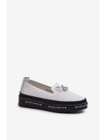 Mokasyny Damskie Skórzane Na Platformie S.Barski LR400 Białe