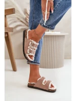 Damskie Kapcie Klapki Z Klamrami I Futerkiem Beżowe Ezilena