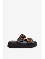 Eko Skórzane Klapki Damskie Na Platformie Z Klamrami Czarne Xanivia