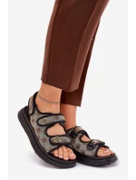 Damskie Wzorzyste Materiałowe Sandały Ze Złotymi Detalami Beżowo-Czarne Pefese