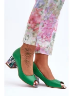 Skórzane Czółenka Z Ozdobnym Obcasem Lewski Shoes 2608/K Zielone