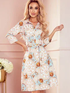 286-4 SANDY Koszulowa rozkloszowana sukienka - BIAŁO-ZŁOTE KOŁA