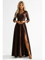 309-14 AMBER elegantné dlhé čipkované šaty s výstrihom - čokoládové