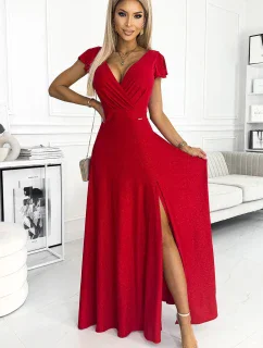 411-2 CRYSTAL dlhé lesklé šaty s výstrihom - ČERVENÉ