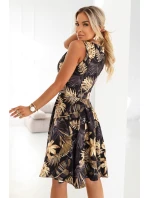 114-18 Čierne midi šaty s elegantným vrchným dielom a rozšírenou spodnou časťou - zlaté listy