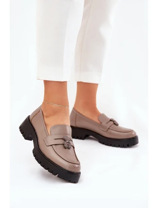 Skórzane Mokasyny Damskie Z Przypinką Miś Vinceza 18109 Beżowe