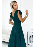 405-4 ELENA Dlhé šaty s výstrihom a viazaním na ramenách - BOTTLE GREEN