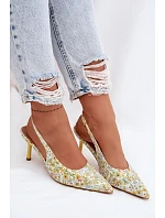 Zdobené dámské sandály na podpatku s květinovým vzorem Žluté Olivelle