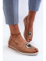 Czółenka Damskie Z Ozdobą Eko Skórzane Ciemnobeżowe Biolita