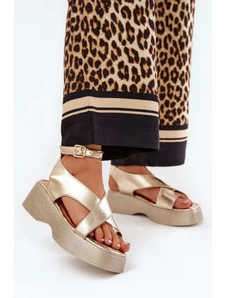 Sandały Damskie Na Platformie I Koturnie Eko Skórzane Złote Tenzorus