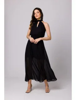 K169 Šifónové šaty so zaväzovaním za krkom - čierne
