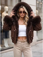 Krátka dámska bunda s odnímateľnou kožušinou, hnedá, FashionStreet TY5834 Krátka dámska bunda s odnímateľnou kožušinou, hnedá, FashionStreet TY5834