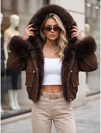 Krátka dámska bunda s odnímateľnou kožušinou, hnedá, FashionStreet TY5834 Krátka dámska bunda s odnímateľnou kožušinou, hnedá, FashionStreet TY5834
