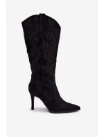 Dámské kozačky na podpatku cowboye z eko semiše černé Belonia