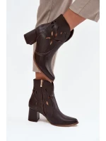 Skórzane Ażurowe Botki Damskie Na Słupku Zazoo 3647 Czekoladowe