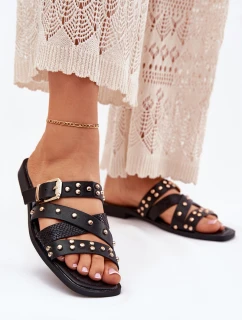 Zdobione Klapki Damskie Na Płaskim Obcasie Z Paskami I Klamrą Czarne Manitte