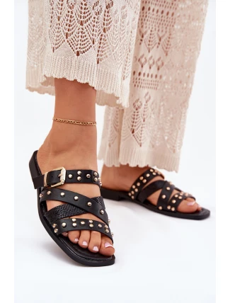 Zdobione Klapki Damskie Na Płaskim Obcasie Z Paskami I Klamrą Czarne Manitte