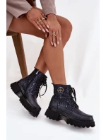 Skórzane Botki Damskie Na Platformie Z Napisami I Ozdobnym Detalem Artiker 57C2271 Granatowe