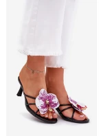 Klapki Damskie Na Szpilce Ze Sztucznym Kwiatem Czarne Reyi