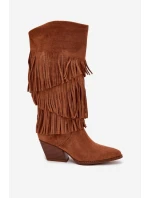 Ocieplane Kozaki Kowbojki Damskie Z Frędzlami Camel Brivina