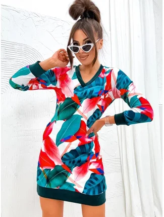 Zeleno-červené velúrové šaty so vzorom listov (8268) Zeleno-červené velúrové šaty so vzorom listov (8268)