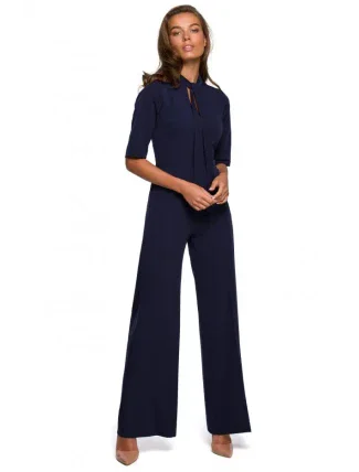 S243 Elegantný overal so zaväzovaním za krkom - tmavomodrý
