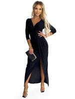Lesklé čierne dlhé dámske šaty s výstrihom, rázporkom na nohe as brokátom 404-6