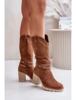 Kozaki Damskie Do Połowy Łydki Na Słupku Ocieplane Camel Ivanelis