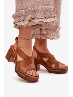 Skórzane Sandały Na Słupku Zazoo 1081 Brązowe