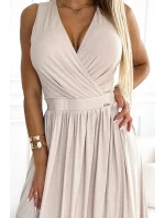 362-8 JUSTINE Dlhé šaty s výstrihom a zaväzovaním na chrbte - béžové s trblietkami 362-8 JUSTINE Dlhé šaty s výstrihom a zaväzovaním na chrbte - béžové s trblietkami