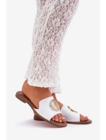 Skórzane Klapki Z Ozdobą Na Płaskim Obcasie Zazoo 3047/O Białe