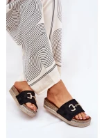 Klapki Damskie Na Platformie Ze Złotą Ozdobą I Brokatem Czarne Morisela