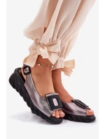 Skórzane Sandały Damskie Na Koturnie z Ozdobą Artiker 56C2158 Grafitowe