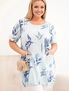 Dámske bavlnené Plus veľkosť blúzka s krátkymi rukávmi a kravata dole modrá