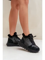 Skórzane Sneakersy Trapery Damskie Z Futerkiem Na Platformie Big Star OO274A329 Czarne