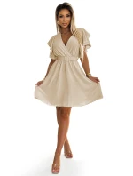 586-1 Dámske šaty s obálkovým výstrihom, rukávmi a opaskom - béžové 586-1 Dámske šaty s obálkovým výstrihom, rukávmi a opaskom - béžové