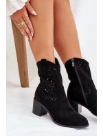 Ażurowe Botki Kowbojki Damskie Na Obcasie S.Barski HY51-125 Czarne
