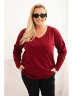 Plus veľkosť dámske V-neck blúzka s dlhými rukávmi bordová
