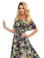 Dlouhé dámské šaty se španělským výstřihem a vzorem zelených listů a zlatých řetízků 194-4 - Numoco Dlouhé dámské šaty se španělským výstřihem a vzorem zelených listů a zlatých řetízků 194-4 - Numoco