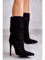 Damskie Marszczone Botki Kozaki Czarne Laguna