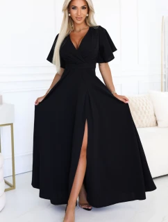 581-7 JENNIFER dlhé šaty s rozparkom na nohách, rukávmi a výstrihom - čierne