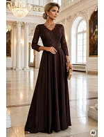 309-14 AMBER elegantné dlhé čipkované šaty s výstrihom - čokoládové 309-14 AMBER elegantné dlhé čipkované šaty s výstrihom - čokoládové