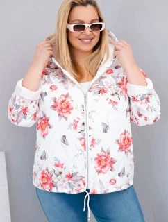 Plus veľkosť dámske jarné prešívané bundy s kapucňou a kvetinovým vzorom biela