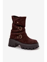 Dámské kotníkové boty na robustním podpatku s přezkami a páskem čokoládové Nerelisa