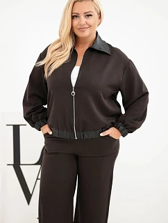 Dámska súprava Plus Size s mikinou na zips a širokými nohavicami, hnedá