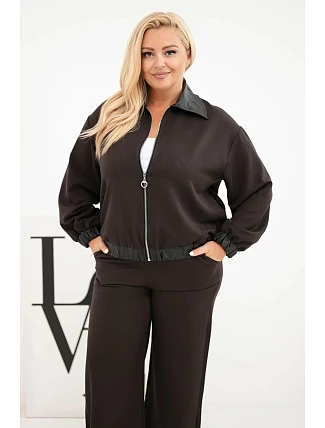 Dámska súprava Plus Size s mikinou na zips a širokými nohavicami, hnedá Dámska súprava Plus Size s mikinou na zips a širokými nohavicami, hnedá