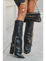 Kozaki Damskie Wsuwane Na Słupku Z Ozdobnym Paskiem Eko Skórzane Czarne Jolivine