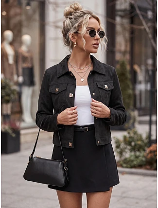 Dámska semišová bunda na patentky, čierna, FashionStreet TY5880 Dámska semišová bunda na patentky, čierna, FashionStreet TY5880