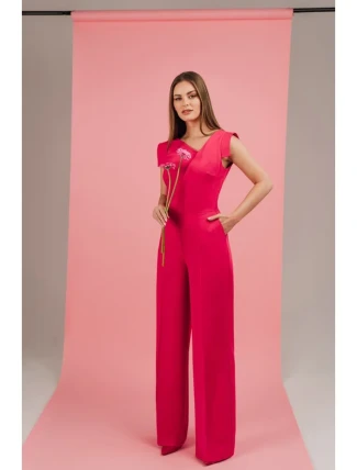 S407 Elegantný overal s asymetrickým výstrihom - ružový
